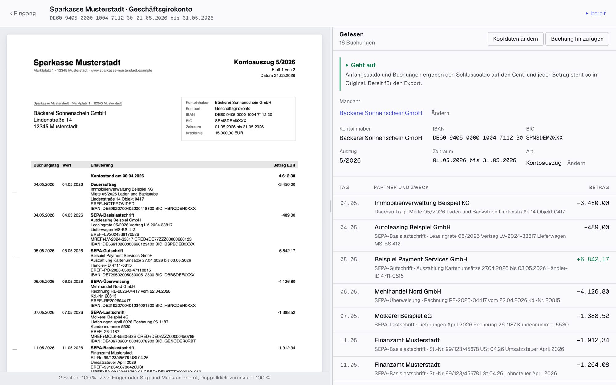Kontoauszug-Werkzeug: links der PDF-Auszug, rechts die gelesenen Buchungen mit der Meldung Geht auf